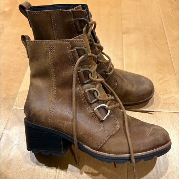 Sorel Cate lace bootie ankle boot  sz 9 combat leather brown - Picture 3 of 9